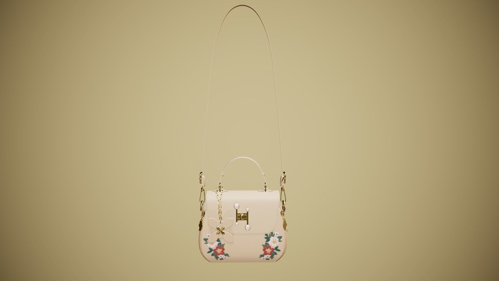 Flower Kaki handbag with flower embroidery 3D model_2
