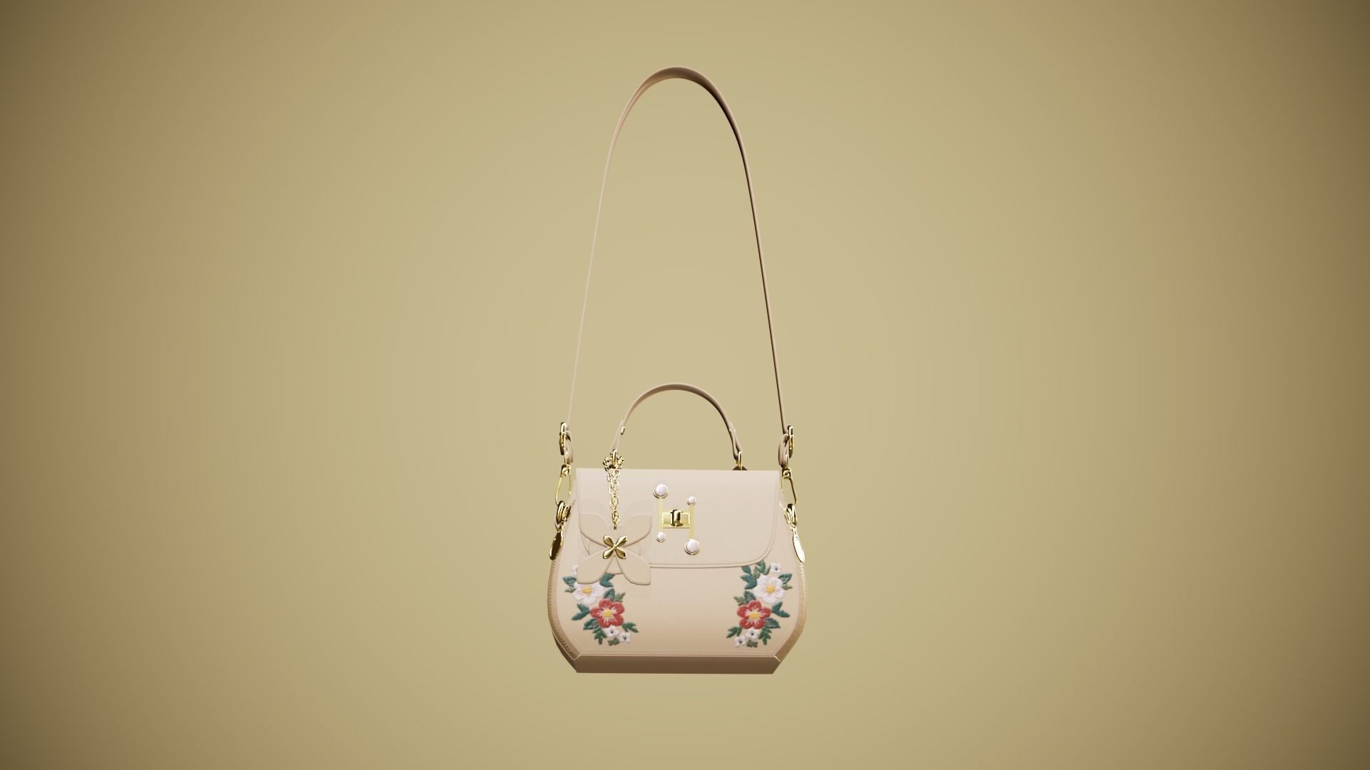 Flower Kaki handbag with flower embroidery 3D model_6