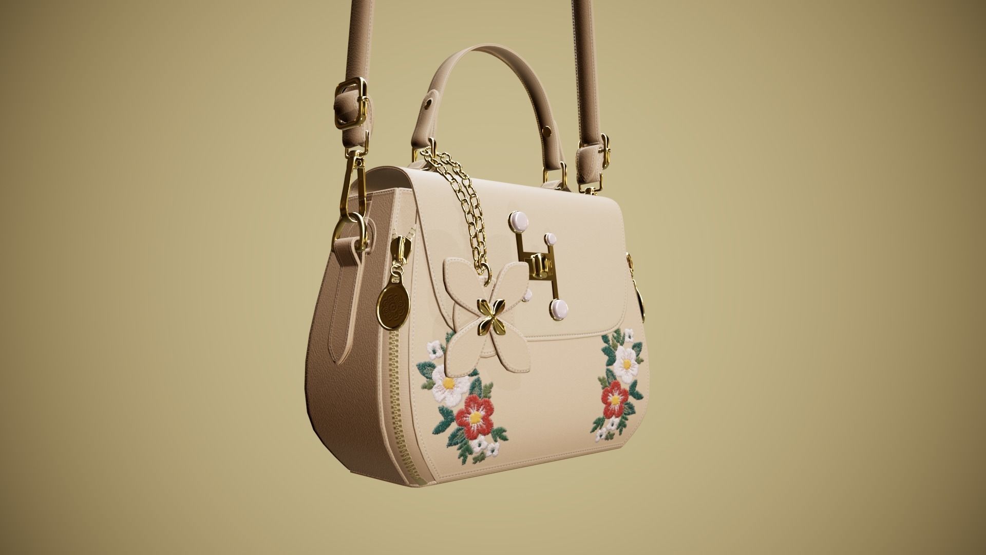 Flower Kaki handbag with flower embroidery 3D model_8