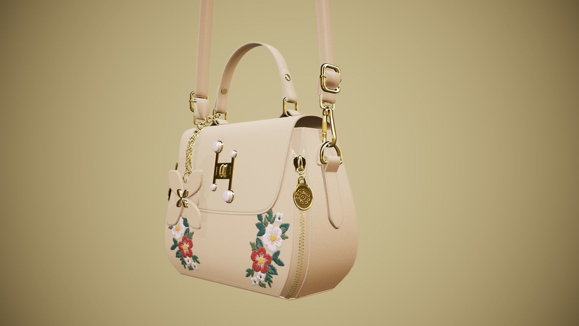 Flower Kaki handbag with flower embroidery 3D model_9