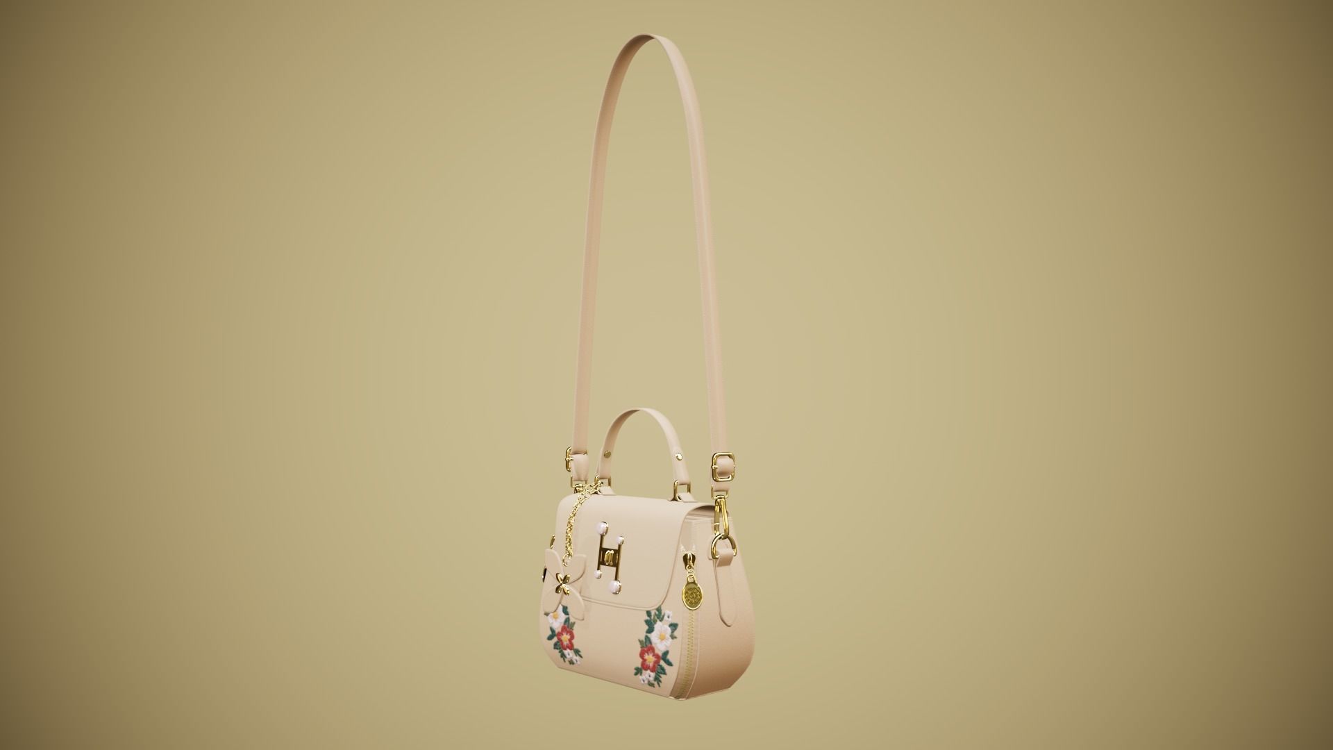 Flower Kaki handbag with flower embroidery 3D model_4
