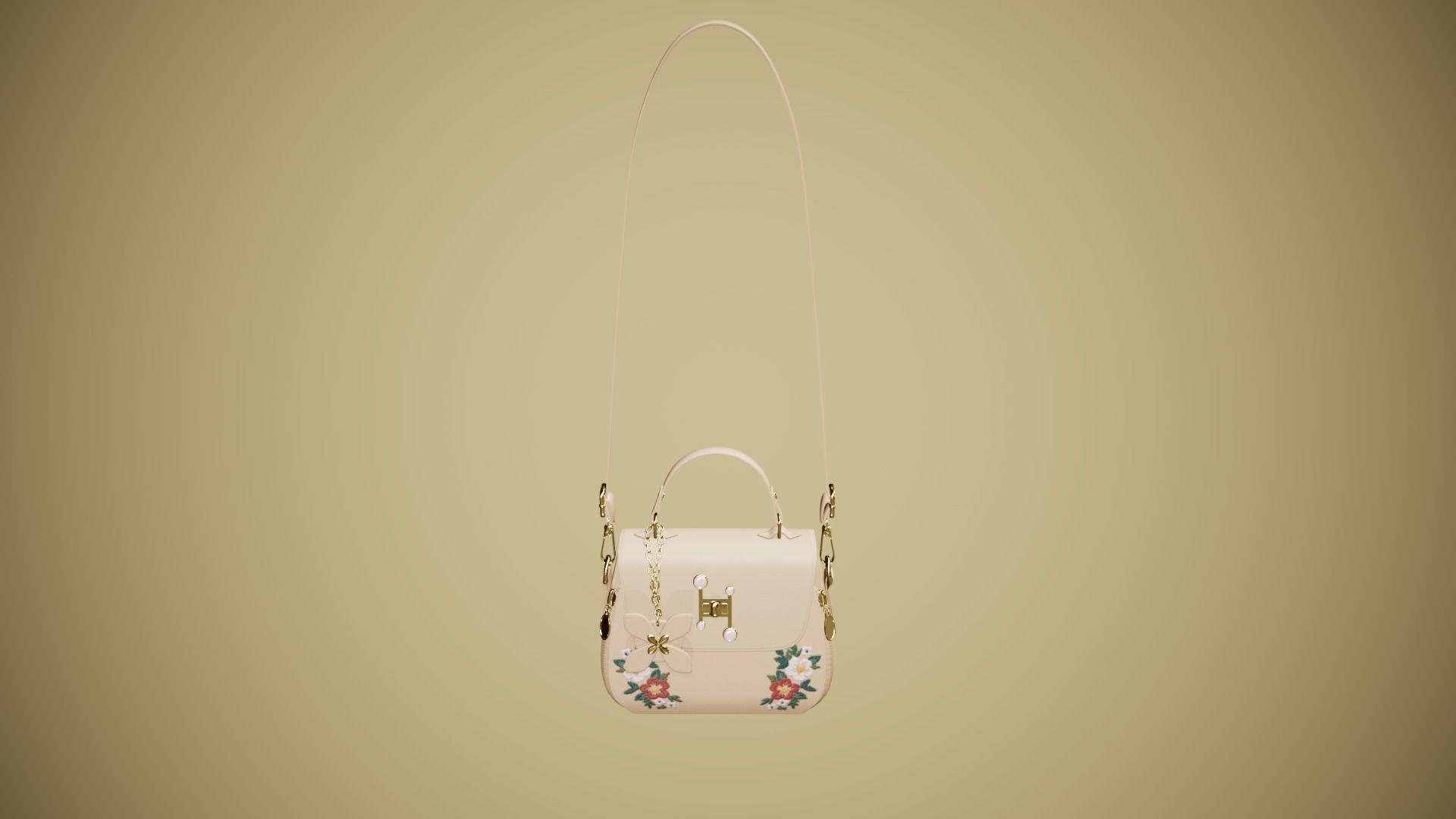 Flower Kaki handbag with flower embroidery 3D model_5