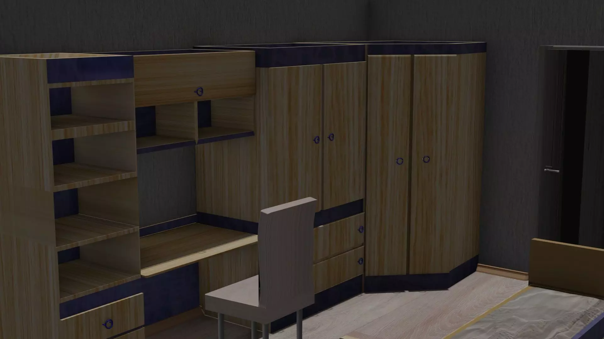 bedroom with desk and cupboards 3D model_0