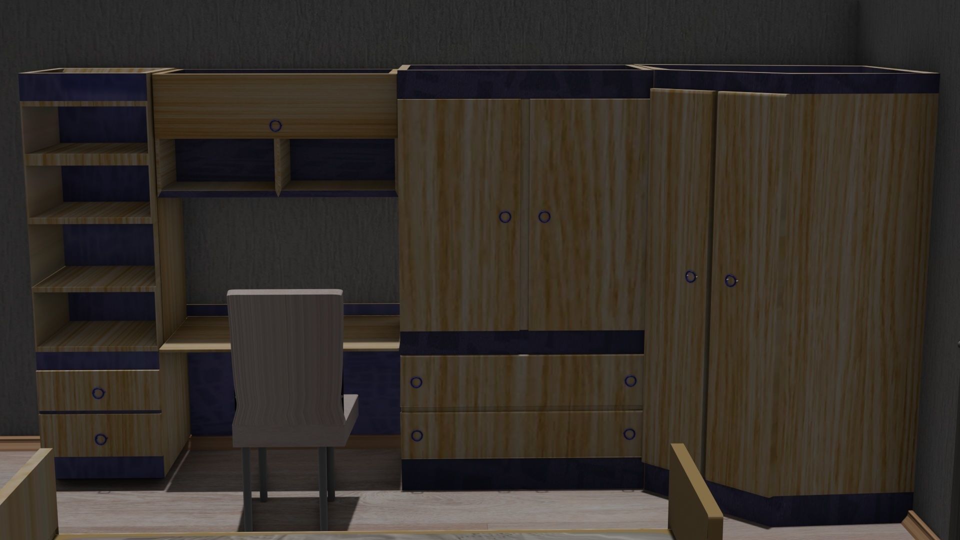 bedroom with desk and cupboards 3D model_1