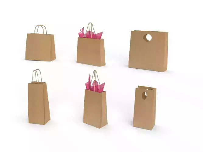 Set of 6 Different Kraft Paper Bags with PBR Textures