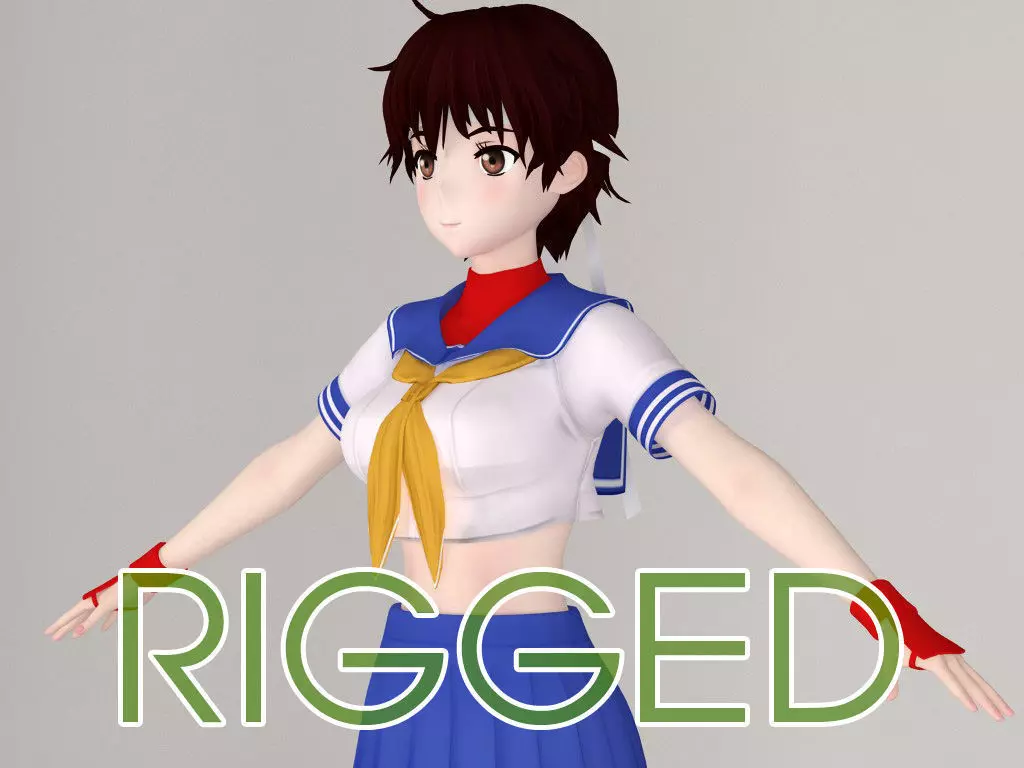 T pose rigged model of Sakura Kasugano anime girl 3D model_0
