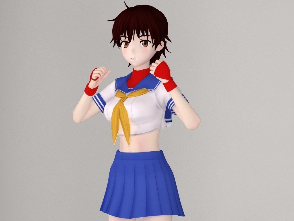 T pose rigged model of Sakura Kasugano anime girl 3D model_1