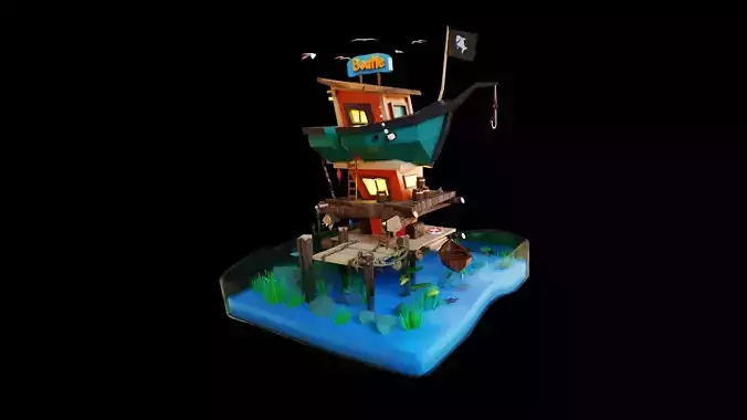 a boat hotel on the sea low poly 