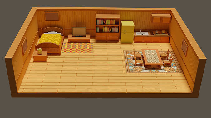Room Low Poly interior of doll house Low-poly 3D model