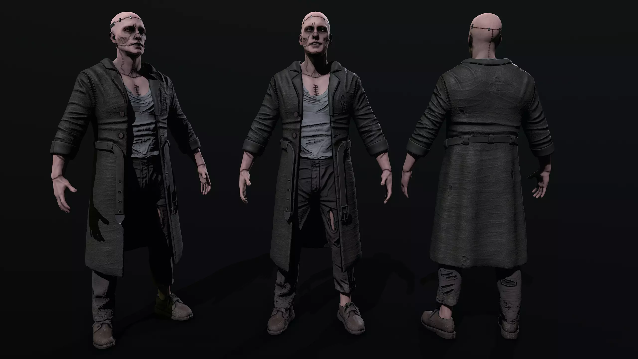 Frankenstein man in trench coat Low-poly 3D model_0
