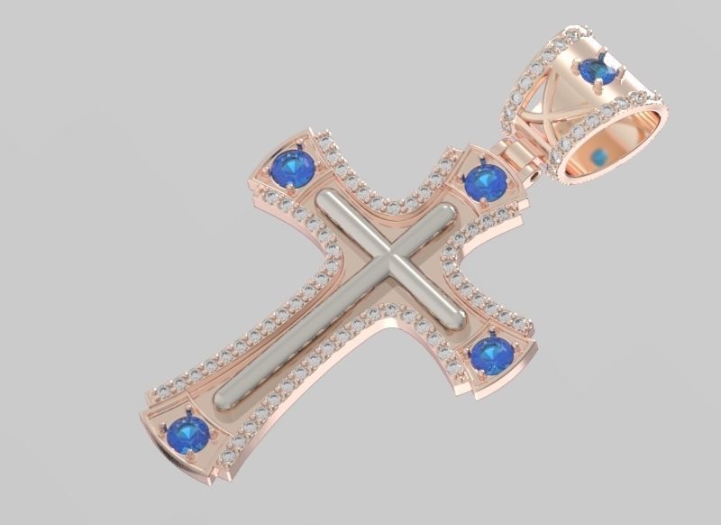 cross rose gold pendant with sapphires 3D print model_2