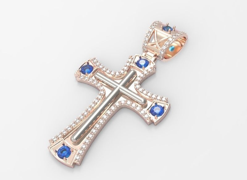 cross rose gold pendant with sapphires 3D print model_1