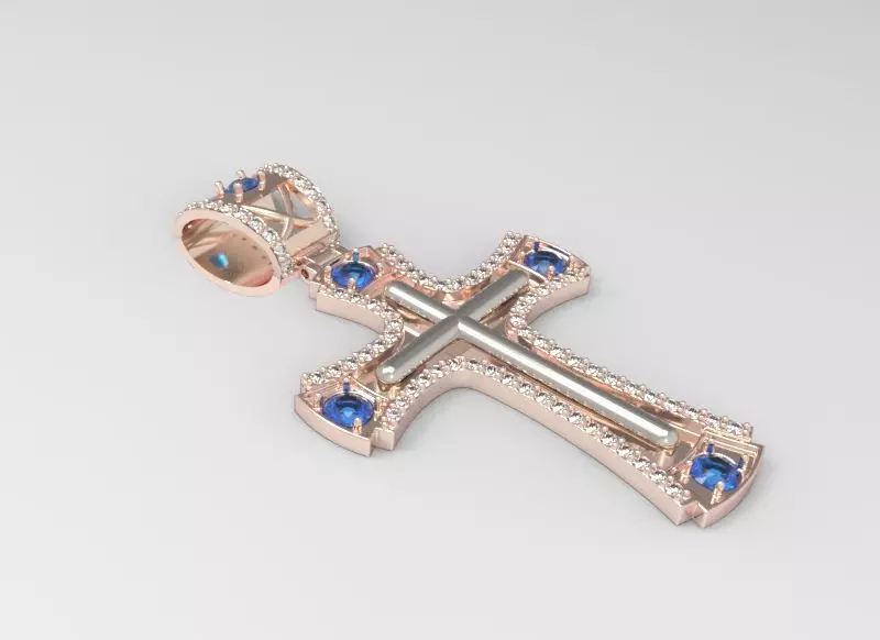 cross rose gold pendant with sapphires 3D print model_0