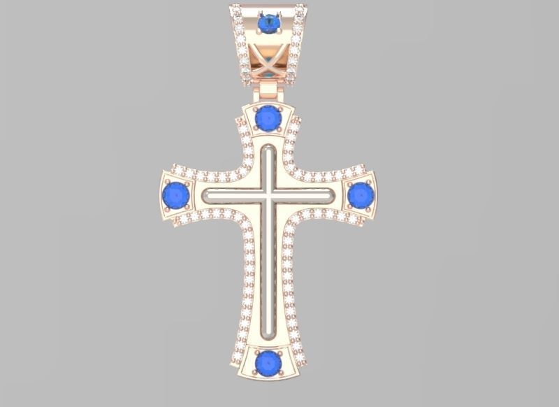 cross rose gold pendant with sapphires 3D print model_3