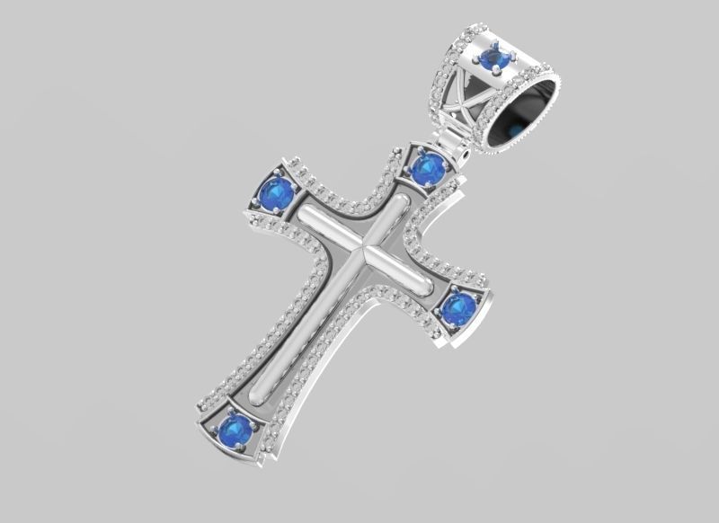 cross rose gold pendant with sapphires 3D print model_5