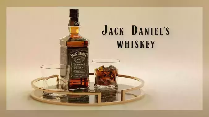 Whiskey Jack Daniels Bottle with Glass and Tray 3D model