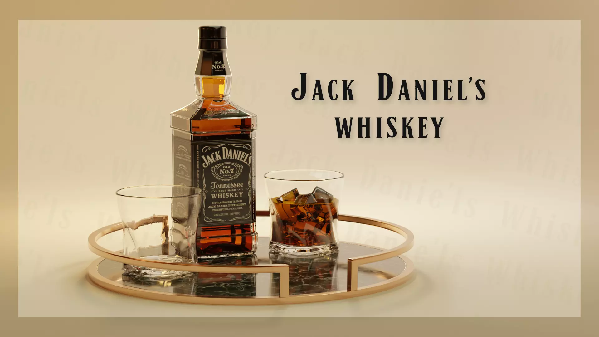 Whiskey Jack Daniels Bottle with Glass and Tray 3D model