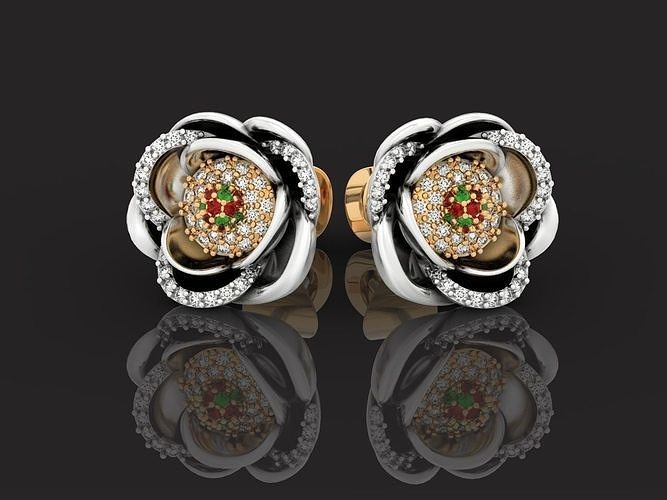  rose stud earrings with stones flower 3D print model