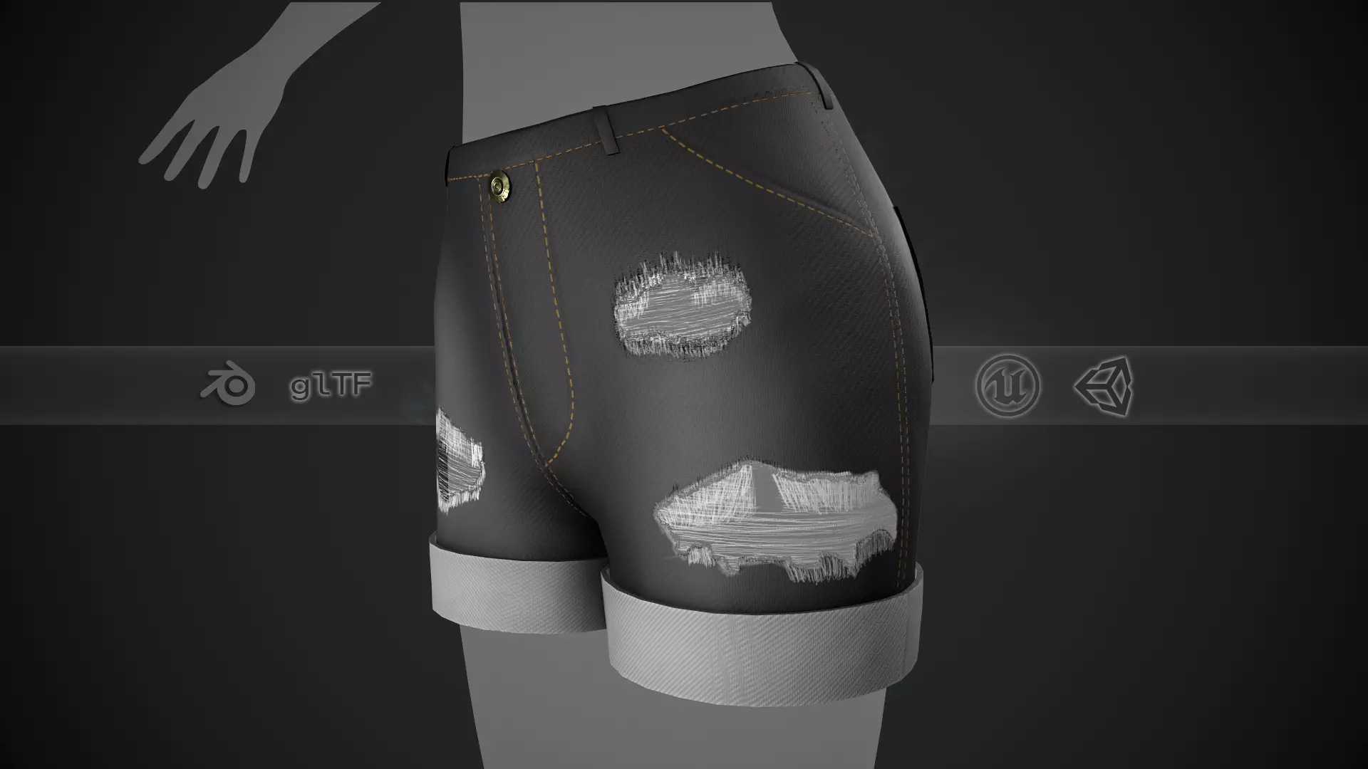 Female Black Ripped Jeans Shorts Low-poly 3D model_0