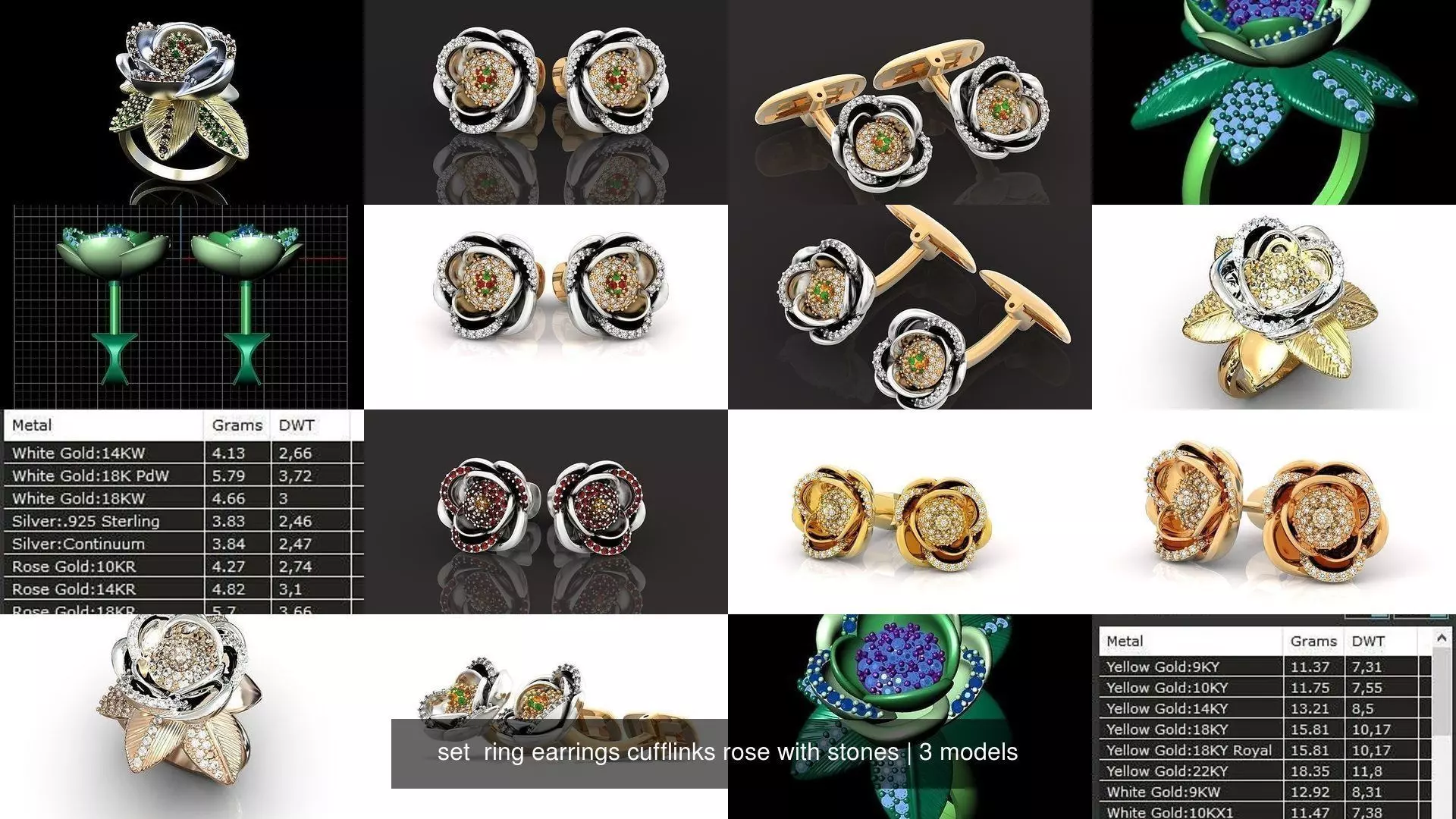 set  ring earrings cufflinks rose with stones 3D Model Collection_1