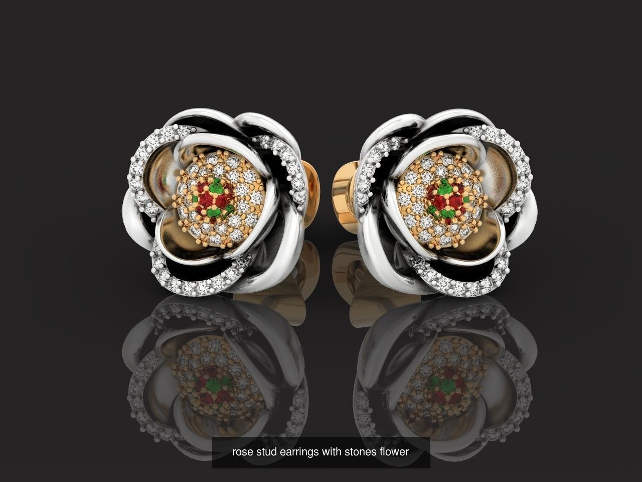 set  ring earrings cufflinks rose with stones 3D Model Collection_3