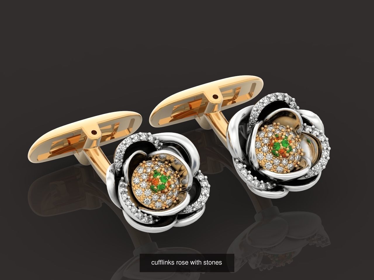 set  ring earrings cufflinks rose with stones 3D Model Collection_4