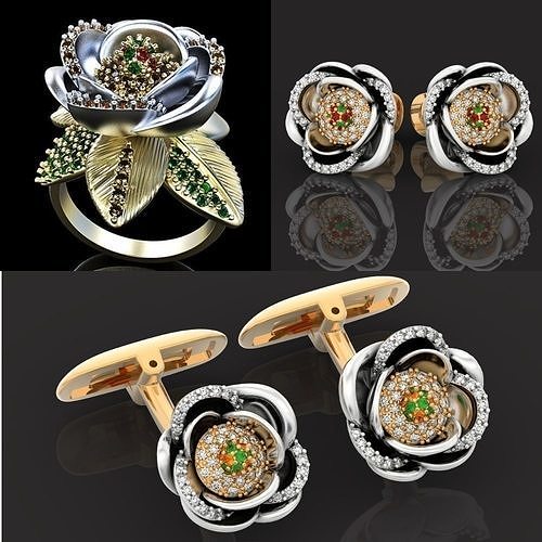 set  ring earrings cufflinks rose with stones 3D Model Collection