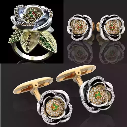 set  ring earrings cufflinks rose with stones