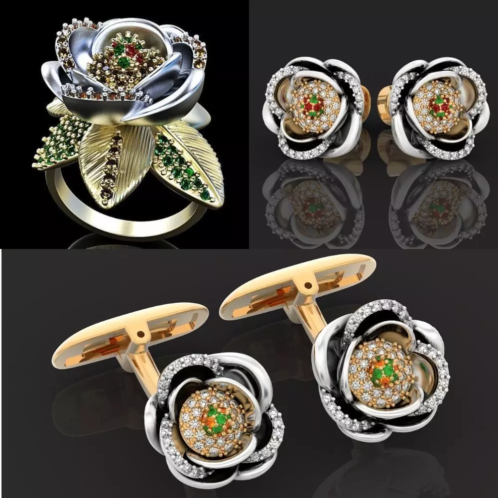 set  ring earrings cufflinks rose with stones 3D Model Collection_0