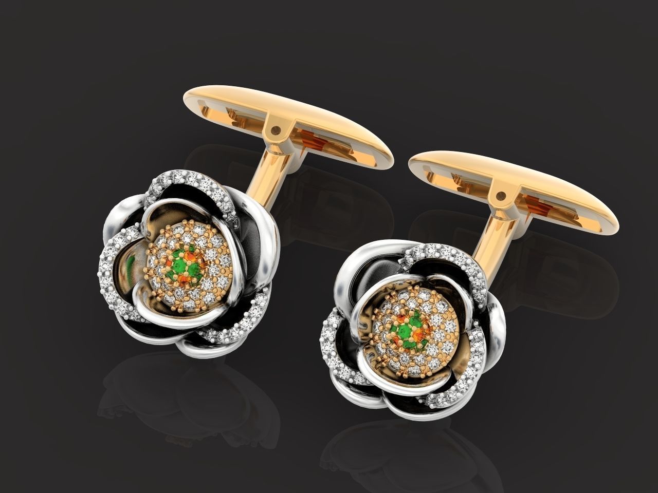 set  ring earrings cufflinks rose with stones 3D Model Collection_24