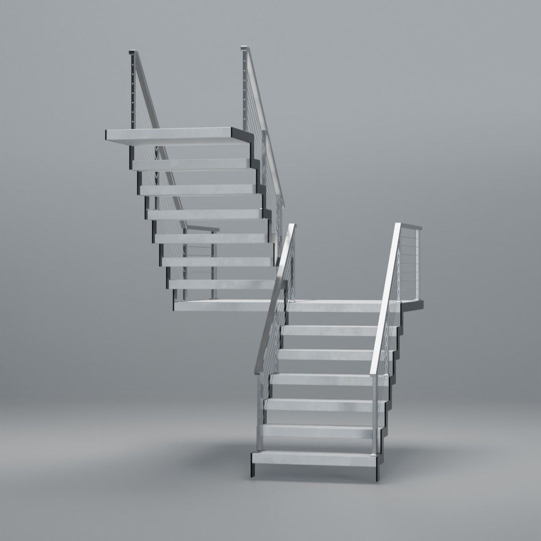 U shaped stairs with concrete steps and stainless steel railing Low-poly 3D model_1