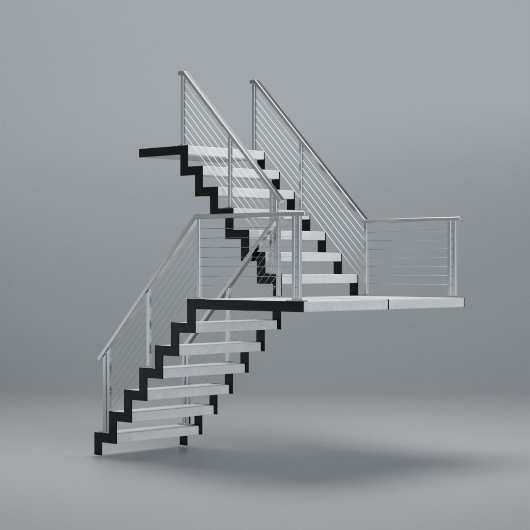U shaped stairs with concrete steps and stainless steel railing Low-poly 3D model_17