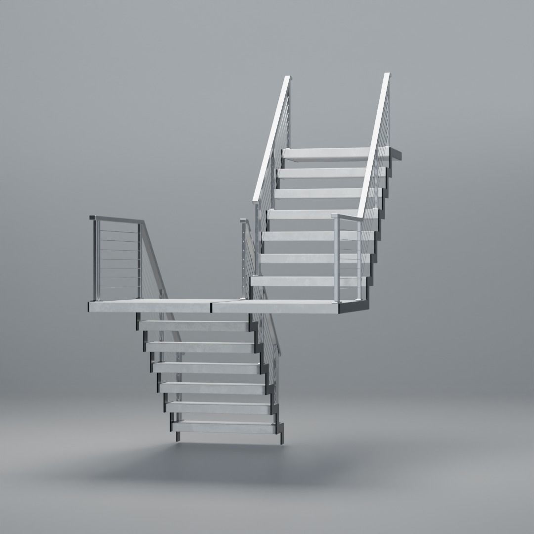 U shaped stairs with concrete steps and stainless steel railing Low-poly 3D model_13