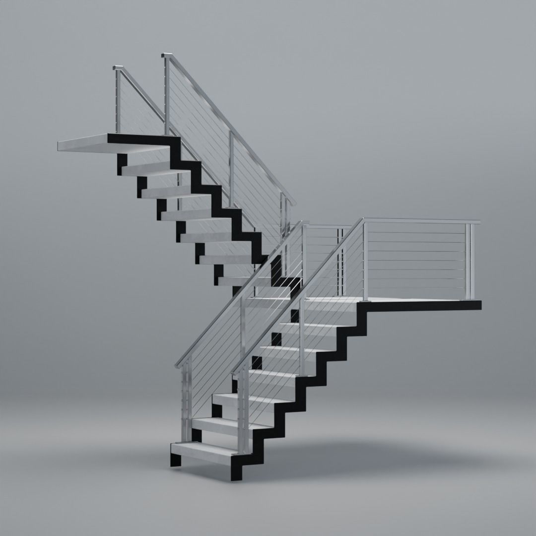 U shaped stairs with concrete steps and stainless steel railing Low-poly 3D model_22