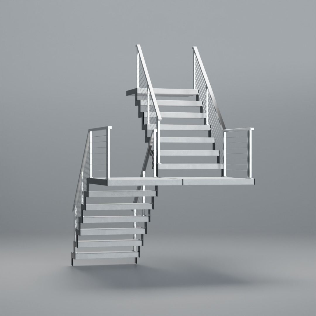 U shaped stairs with concrete steps and stainless steel railing Low-poly 3D model_15