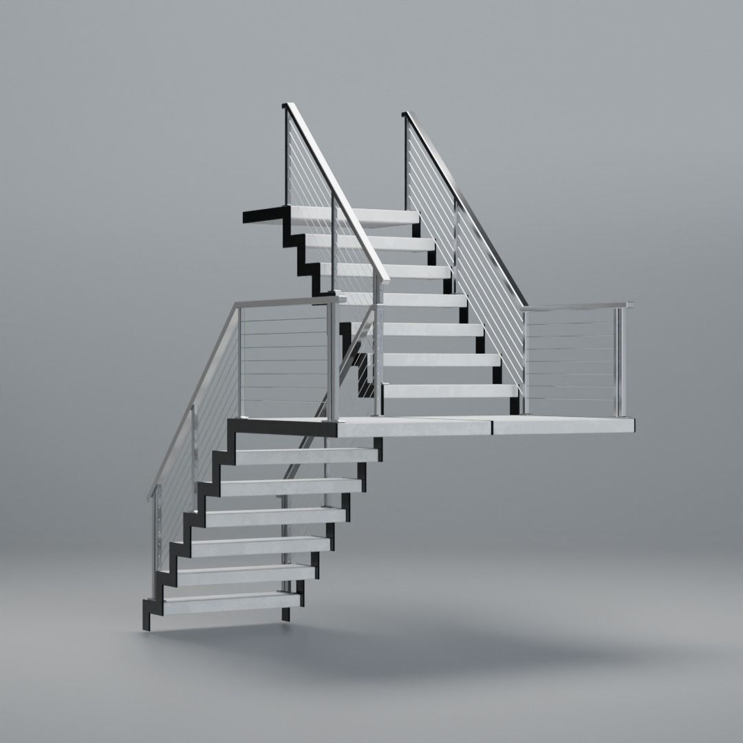 U shaped stairs with concrete steps and stainless steel railing Low-poly 3D model_16