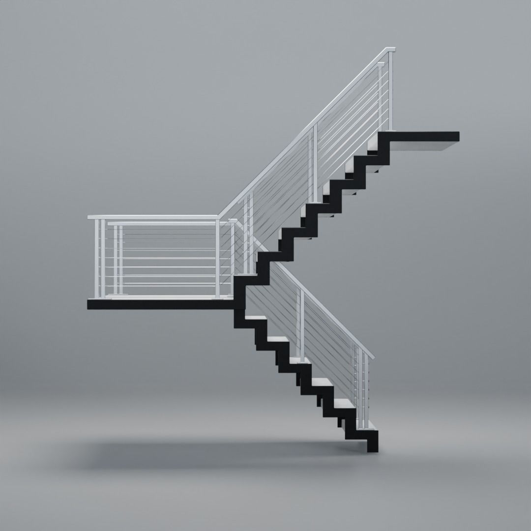 U shaped stairs with concrete steps and stainless steel railing Low-poly 3D model_8