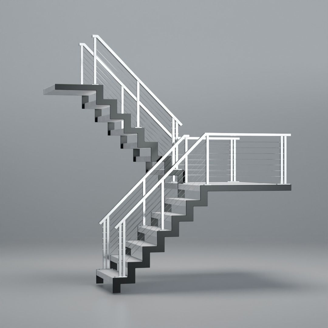 U shaped stairs with concrete steps and stainless steel railing Low-poly 3D model_21