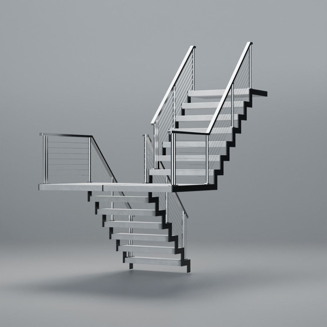 U shaped stairs with concrete steps and stainless steel railing Low-poly 3D model_12