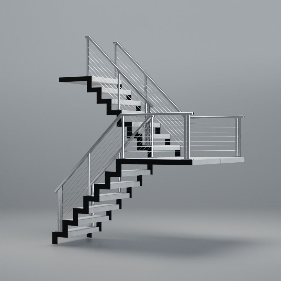 U shaped stairs with concrete steps and stainless steel railing Low-poly 3D model_18