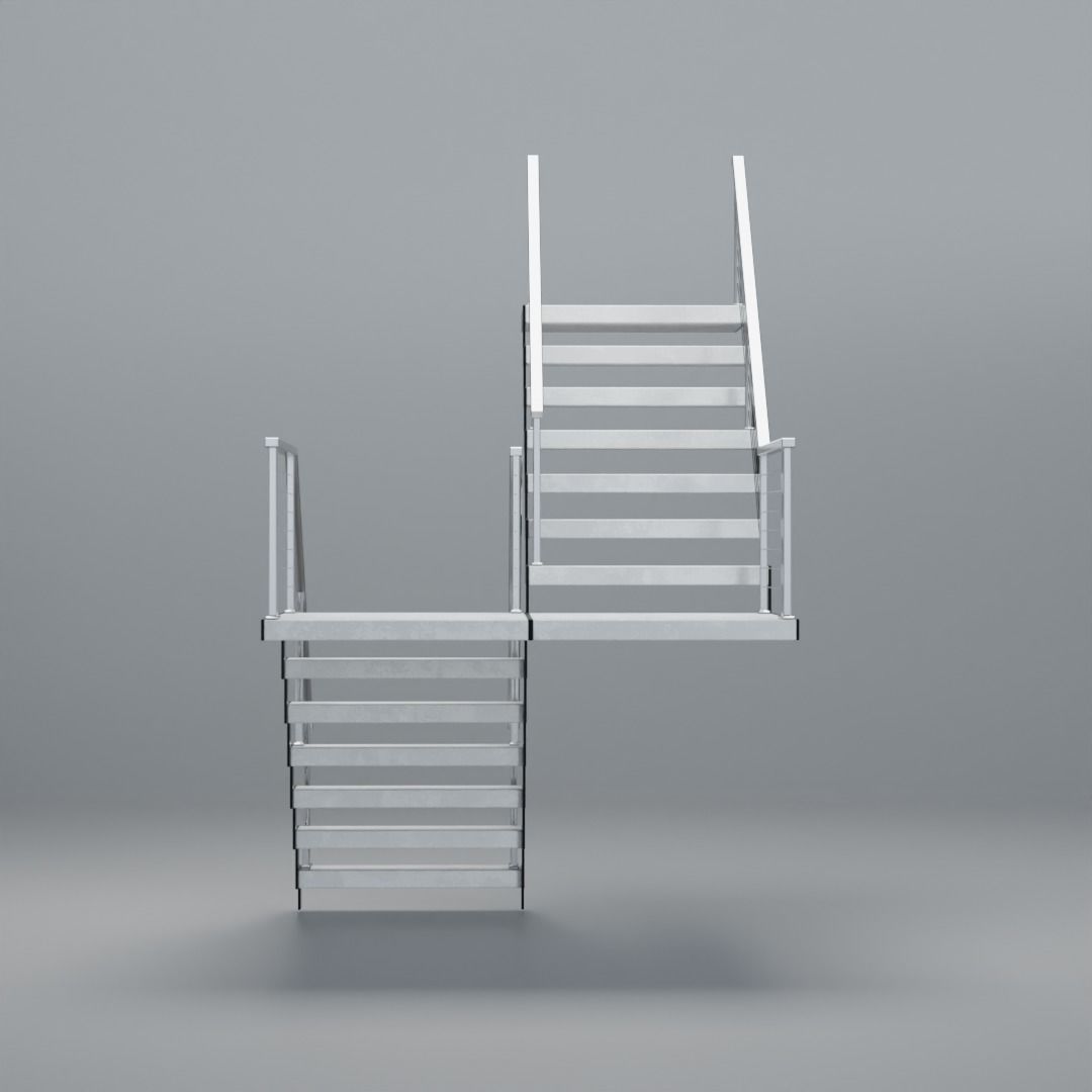 U shaped stairs with concrete steps and stainless steel railing Low-poly 3D model_14