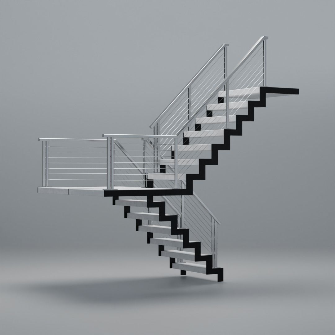 U shaped stairs with concrete steps and stainless steel railing Low-poly 3D model_10