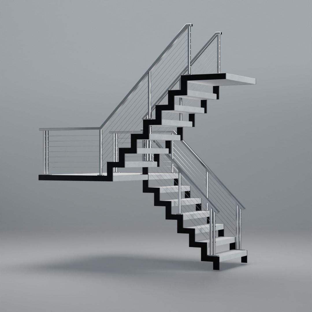 U shaped stairs with concrete steps and stainless steel railing Low-poly 3D model_6