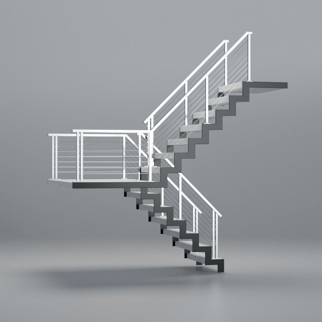 U shaped stairs with concrete steps and stainless steel railing Low-poly 3D model_9