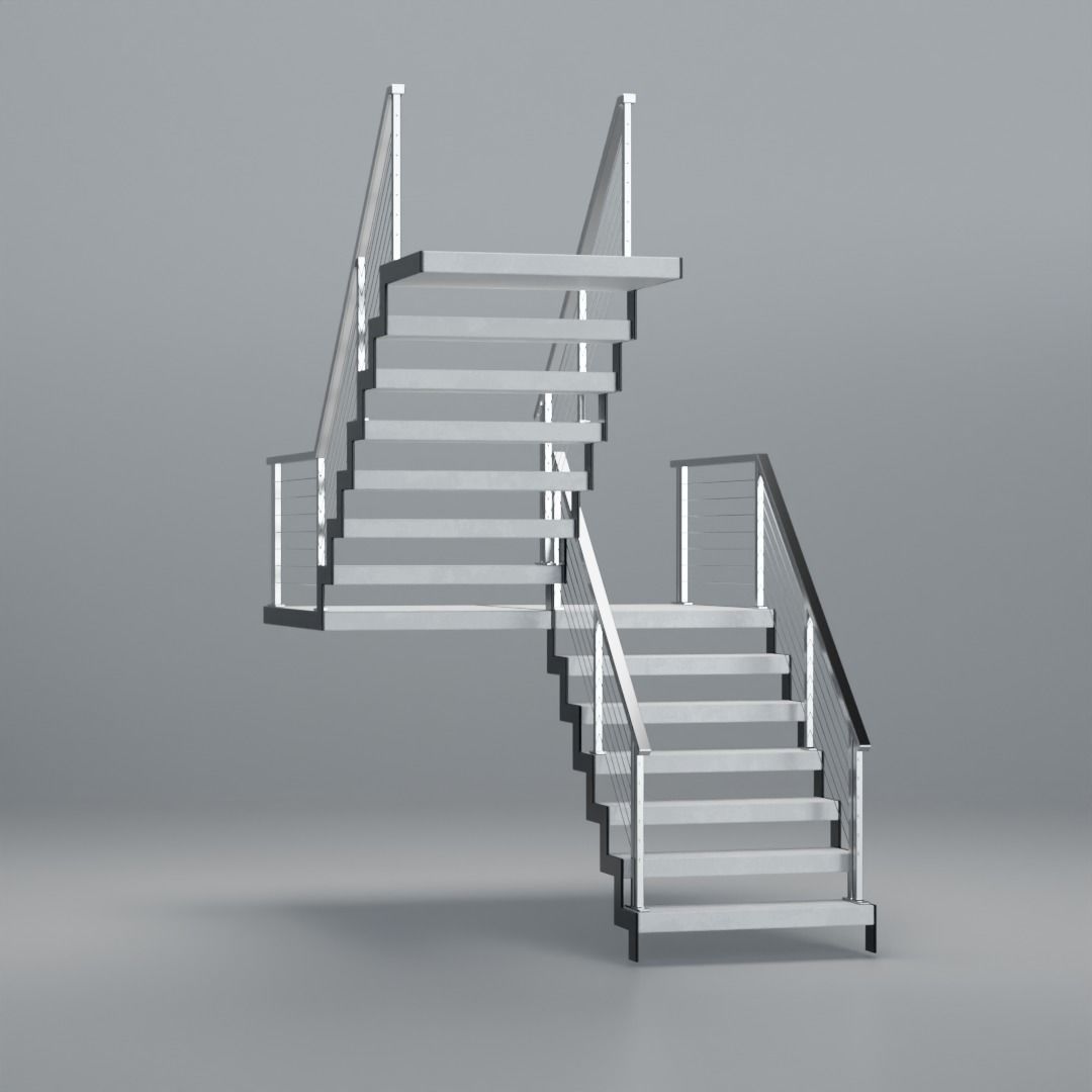 U shaped stairs with concrete steps and stainless steel railing Low-poly 3D model_3
