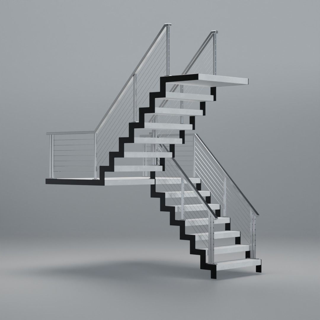 U shaped stairs with concrete steps and stainless steel railing Low-poly 3D model_5