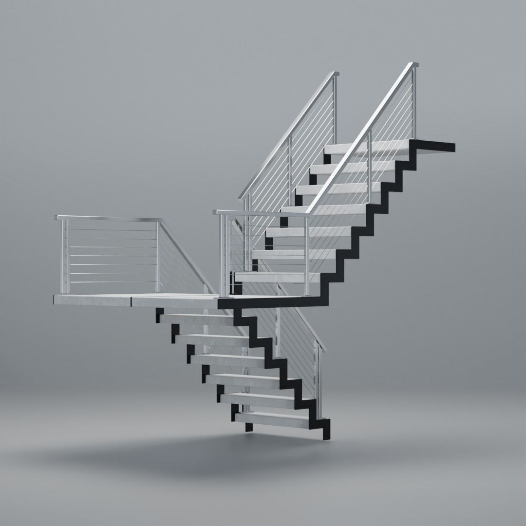 U shaped stairs with concrete steps and stainless steel railing Low-poly 3D model_11