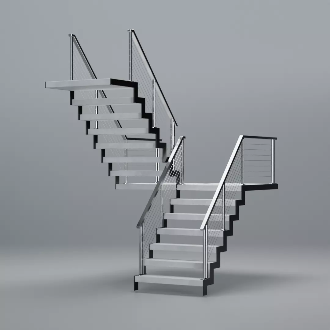 U shaped stairs with concrete steps and stainless steel railing Low-poly 3D model_0
