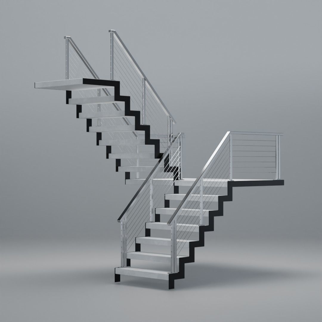U shaped stairs with concrete steps and stainless steel railing Low-poly 3D model_23