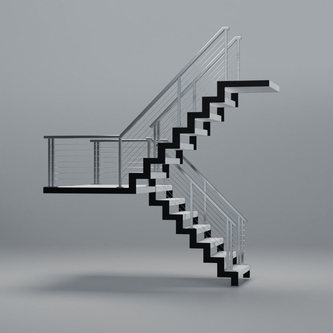 U shaped stairs with concrete steps and stainless steel railing Low-poly 3D model_7